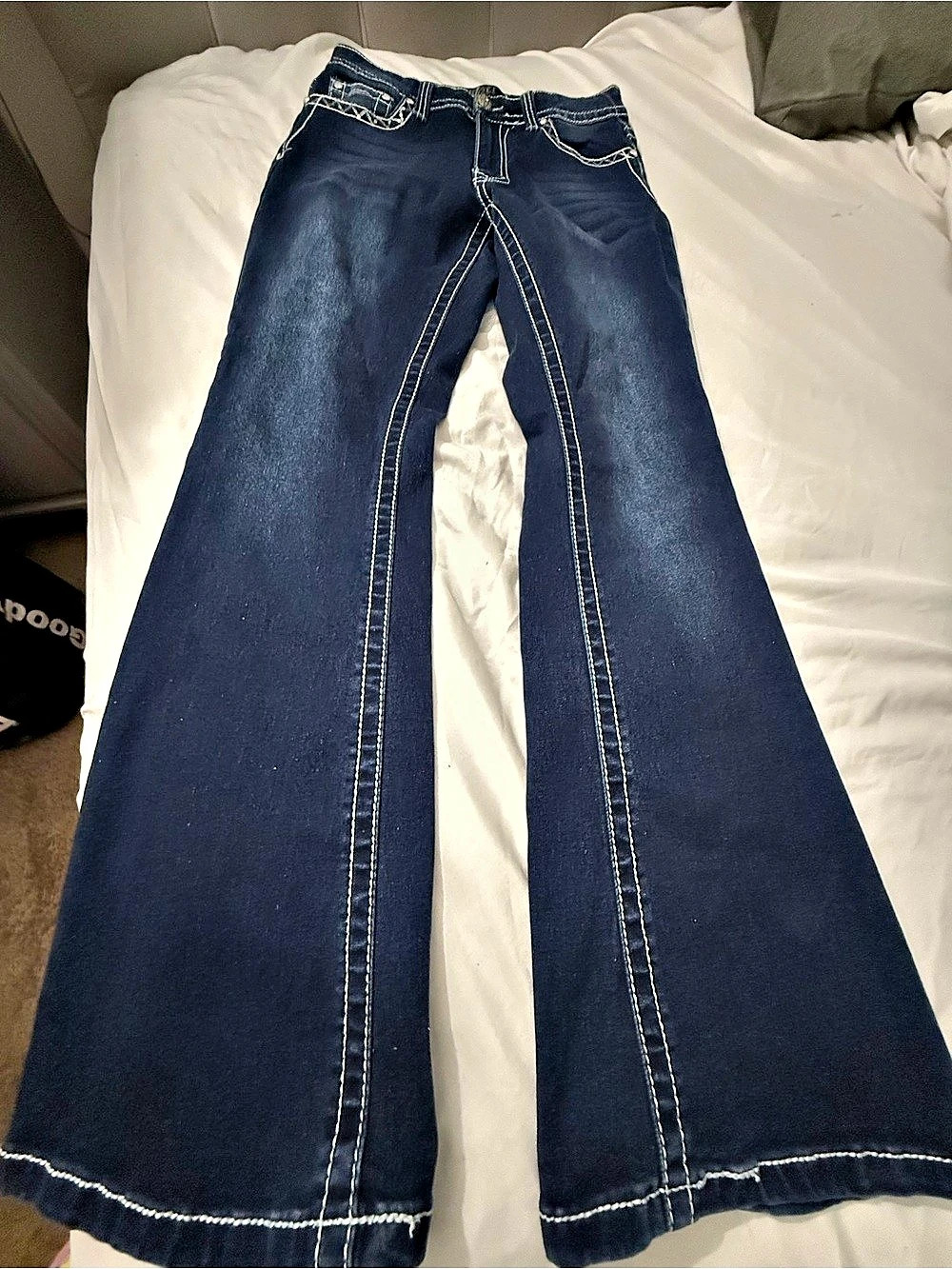 bebe Women's Embellished Flare Jeans in Blue (size 9)